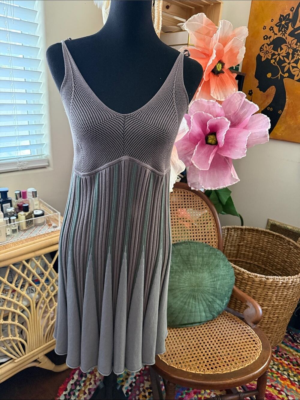 Free People Art Deco Taupe Knit Mesh Bust Shoulder Tie Silk Mini Sweater Dress